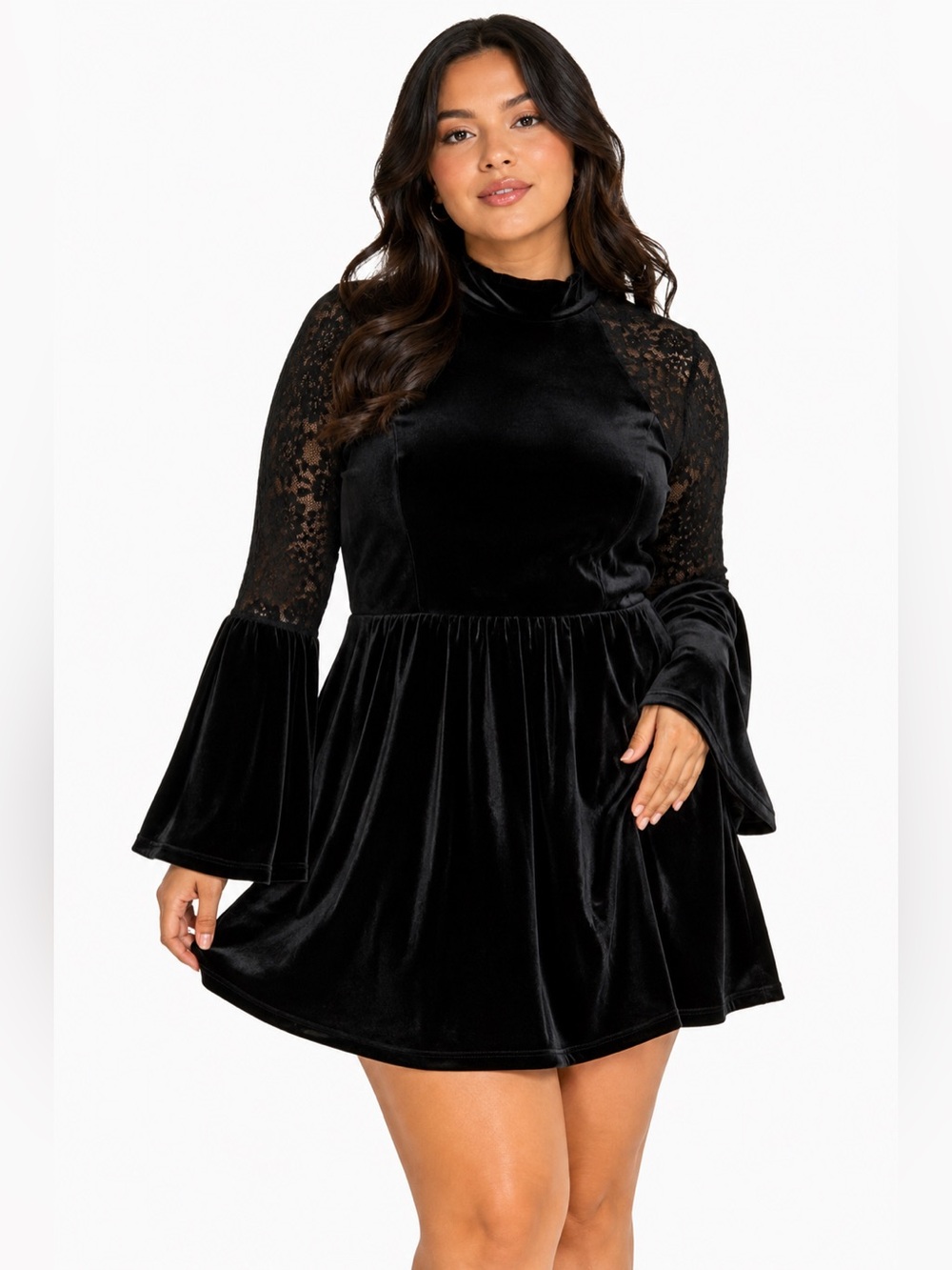 90s/Y2K Vintage Velvet Bell Sleeve Lace Insert Mini Dress (Black) Size M